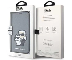 Karl Lagerfeld KLBKP14SSANKCPG Apple iPhone 14 6.1" atverčiamas dėklas telefonui sidabro spalvos Saffiano Karl &amp; Choupette