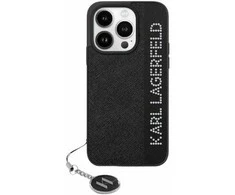 Apple iPhone 13 / 14 / 15 Karl Lagerfeld dėklas Saffiano Rhinestones &amp; Charm (KLHCP15SPSAKDGCK) juodos spalvos
