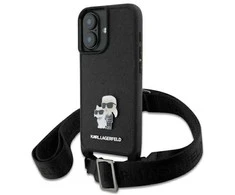 Karl Lagerfeld KLHCP16SSAKCPBK Apple iPhone 16 6.1" dėklas telefonui juodos spalvos Saffiano Karl&amp;Choupette Metal Pin CBDY Strap