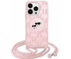 Apple iPhone 13 / 14 / 15 Karl Lagerfeld Hardcase IML Crossbody Monogram Karl &amp; Choupette Head MagSafe (KLHMP15SHCKCKLCP) dėklas telefonui rožinės spalvos