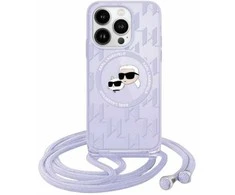 Apple iPhone 13 / 14 / 15 Karl Lagerfeld Hardcase IML Crossbody Monogram Karl &amp; Choupette Head MagSafe (KLHMP15SHCKCKLCU) dėklas telefonui violetinės spalvos