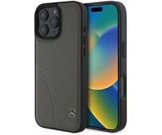 Mercedes MB Curved Stitches Leather Apple iPhone 16 Pro Max Case – dėklas telefonui rudos spalvos