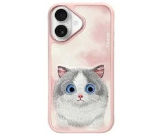 Nimmy Apple iPhone 16 6.1 dėklas telefonui rožinės spalvos Big Eyed Pet 2.0 Cat