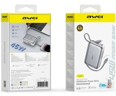 Nešiojamoji baterija Awei C03 20000mAh 45W USB-A/USB-C + Lightning/USB-C laidai, sidabrinė