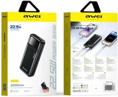 Nešiojamoji baterija Awei PA-92 20000mAh 22.5W PD 2xUSB-C, juoda