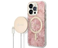 Rinkinys Guess GUBPP14LHJEACSP Case+ Charger Apple iPhone 14 Pro 6,1" dėklas telefonui rožinės spalvos hard case Jungle MagSafe