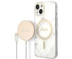 Rinkinys Guess GUBPP14SHMEACSH Case+ Charger iPhone 14 6,1" baltas kietas dėklas Marble MagSafe