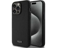 Tumi TUHMP15XRBAK Apple iPhone 15 Pro Max 6.7" juodos spalvos kietas dėklas, odinis balistinio rašto MagSafe dėklas