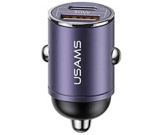 USAMS automobilinis įkroviklis 1xUSB+1xUSB-C C38 30WPD Fast Charge with Built-in Ring Violetinė CC206C