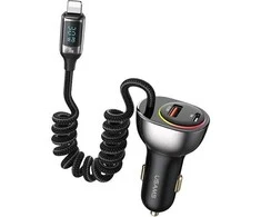 USAMS automobilinis įkroviklis C37 1xUSB+1xUSB-C 60W + kabelis Ligtning 30W PD+QC Fast Charge juodos spalvos CC193CC01 (US-CC193)