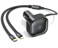 USAMS automobilinis įkroviklis with retractable cable 1xUSB-C+1x Lightning C41 PD 30W Fast Charge juodas/juodas CC2