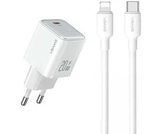 USAMS įkroviklis 1xUSB-C PD20WPD3.0 greito įkrovimo US-CC183 + USB-C/Lightning laidas US-SJ610 baltos spalvos