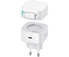 USAMS įkroviklis 1xUSB-C su ištraukiamu laidu „Lightning“ (tik antgalis) PD+QC 35W Gan greitas įkrovimas baltos spalvos