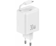 USAMS Laidinis įkroviklis 1xUSB-C su suvyniojamu kabeliu USB-C Retractable PD+QC 30W Gan Fast Charging baltos spalvos YC Series CC241TC02 (US-CC241)