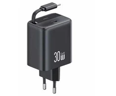 USAMS Laidinis įkroviklis 1xUSB-C su suvyniojamu kabeliu USB-C Retractable PD+QC 30W Gan Fast Charging juodos spalvos YC Series CC241TC01 (US-CC241)