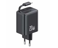 USAMS Laidinis įkroviklis 1xUSB-C su suvyniojamu kabeliu USB-C Retractable PD+QC 20W Gan Fast Charging juodos spalvos YC Series CC233TC01 (US-CC233)