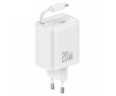 USAMS Laidinis įkroviklis 1xUSB-C su suvyniojamu kabeliu USB-C Retractable PD+QC 20W Gan Fast Charging baltos spalvos YC Series CC233TC02 (US-CC233)