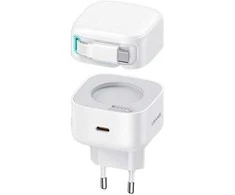 USAMS įkroviklis 1xUSB-C su ištraukiamu USB-C laidu (tik antgalis) PD+QC 35W Gan greitas įkrovimas baltos spalvos