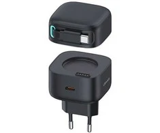 USAMS įkroviklis 1xUSB-C su ištraukiamu USB-C laidu (tik antgalis) PD+QC 35W Gan Fast Charging juodos spalvos
