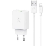 USAMS Laidinis įkroviklis 18W + kabelis Lightning/ USB-A Fast Charging baltos spalvos series SC SCXLTZ03