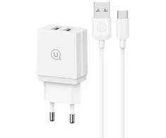 USAMS Laidinis įkroviklis 2xUSB-A + kabelis USB-C/ USB-A Fast Charging baltos spalvos series HC HCXLTZ03