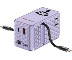 Verbatim kelioninis įkroviklis EU/UK/US GaN 1xUSB-C/1xUSB-A/2xUSB-C PD 70W violetinės spalvos 30188