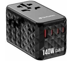Verbatim kelioninis adapteris EU/UK/US GaN USB-A/3xUSB-C PD 140W UTA-10 juodas 32125