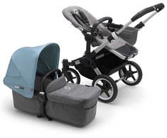 Vaikiškas universalus vežimėlis dvynukams Bugaboo donkey 3 twins alu/ pilkas melange / vapor mėlynas