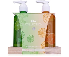Accentra SPA COLLECTION hand care SET on a wooden tray with a pump incl. 2 x 290 ml hand soap, 2 scents/colors: citrus and oranžinis, mint and lime, VE 6
