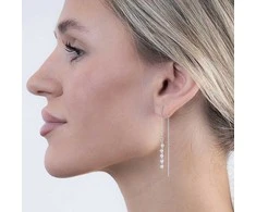 Again Jewelry Sidabriniai auskarai su grandinėle ir mėnulio akmeniu AJKNS003