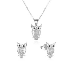 Beneto Sidabrinis papuošalų komplektas Owls su cirkoniais AGSET61RL (auskarai, grandinėlė, pakabukas)