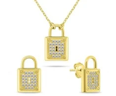 Brilio Silver Auksuotas papuošalų rinkinys su cirkoniais „Padlock“ SET281Y (karolis, auskarai)
