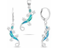 Brilio Silver Playful sidabrinis jewelry set Gekon with opals SET287WB (pendant, earrings)