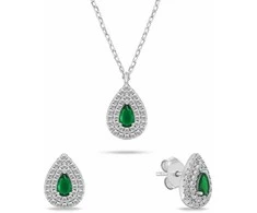 Brilio Silver Jewelry set with žalias zircons Tear Drop SET284WG (pakabukas, earrings)