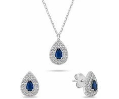 Brilio Silver Jewelry set with dark mėlynas zircons Tear Drop SET284WB (pakabukas, earrings)