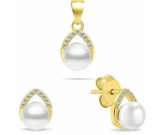 Brilio Silver Elegant auksinis-plated jewelry set with pearls SET290Y (pendant, earrings)
