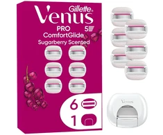 Gillette Venus Pro Comfortglide Sugarberry 6 Keičiamos Skustuvo Galvutės, Peiliukų Laikiklis