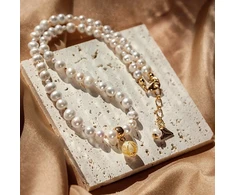 Golden Ball Necklace with 24K Gold in Lampglas Pearl and Freshwater Pearls NTB2/LIGHT