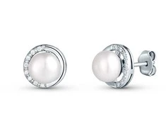 Jwl Luxury Pearls Subtilūs sidabriniai auskarai su cirkoniais ir tikru perlu JL0832