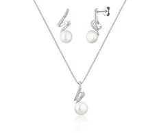 Jwl Luxury Pearls Elegantiškas papuošalų rinkinys su tikru perlu ir cirkoniais JL0746 (grandinė, pakabukas, auskarai)
