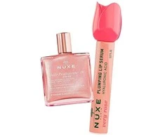 Nuxe Ready Go Glow komplektas suchy olejek regenerujący 10ml + nawilżające serum powiększające usta 8ml + gumka do włosów