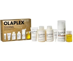 „Olaplex“ rinkinys, suteikiantis plaukams žvilgesio: Nr. 6 „Bond Smoother“ plaukų formavimo kreminis, 100 ml + Nr. 3 „Hair Perfector“ plaukų kreminis atgaivinimui, 30 ml + Nr. 4 „Bond Maintenance“ plaukų šampūnas atkuriamasis ir stiprinamasis, 30 ml + Nr. 0,5 galvos odos ilgaamžiškumo priemonė.