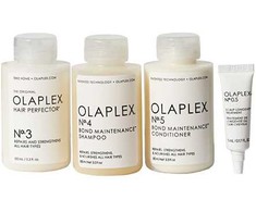 Rinkinys „Olaplex“: Nr. 0.5 galvos odos ilgaamžiškumo gydymas galvos odos losjonas drėkinimui, 5 ml + Nr. 4 bond maintenance plaukų šampūnas atkuriamasis ir stiprinamasis, 100 ml + Nr. 3 plaukų tobulinimo kreminė kaukė stiprinamoji, 100 ml + Nr. 5 bond maintenance