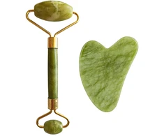 Palsar 7 Masažo volelis ir plokštelė Guasha žalias xiuyan žadeitas ("Light Žalias Xiuyan Jade Roller" - Gua Sha rinkinys)