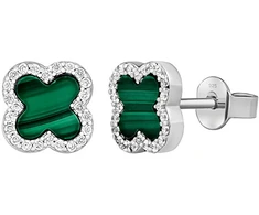 Silvego Sidabrinis earrings four-leaf clover Jonet with natural malachite and Brilliance Zirconia MW02866EG