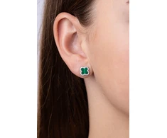 Silvego Sidabrinis earrings four-leaf clover Jonet with natural malachite and Brilliance Zirconia MW02866EG