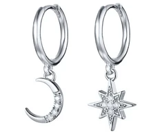 Troli Asymmetric earrings Star and moon with zircons