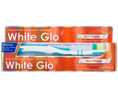 White Glo Baltas Glo Anti-Plaque balinanti dantų pasta, skirta pašalinti ir užkirsti kelią akmenų susidarymui 100ml + šepetėlis