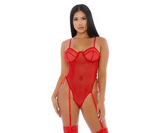 Forplay Make it Ring Teddy S - Sheer Mesh Bodysuit with Lace-Up Sides