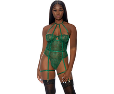 Forplay Fantasy Lingerie Watch Her Bloom Lace Mesh Teddy XL with Garter Straps